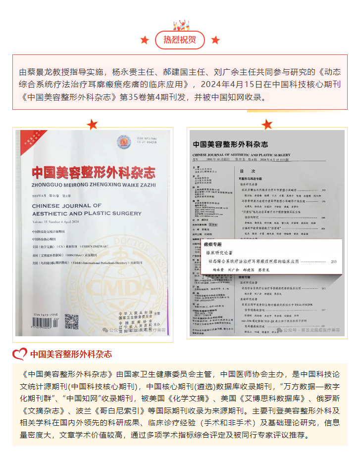 蔡景龙教授、杨永贵主任、郝建国主任、刘广余主任在中国科技核心期刊《中国美容整形外科杂志》发布瘢痕专题临床研究论著被知网收录